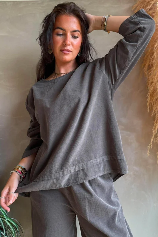 Arbi Needlecord Fold Hem Top Earth